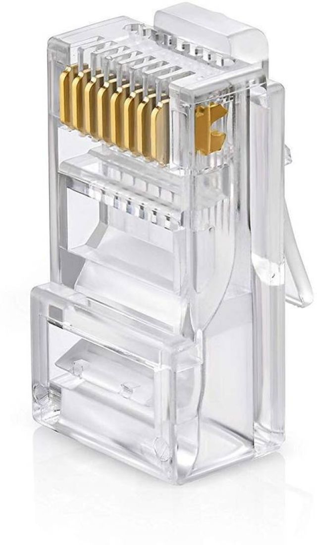 VISHNU VALLABH 100-Pack RJ45 Modular 8-Pin Connectors – Crystal Clear, Gold-Plated Plugs for Network Cable & NIC Crimping (Cat5e/Cat6 Ethernet)