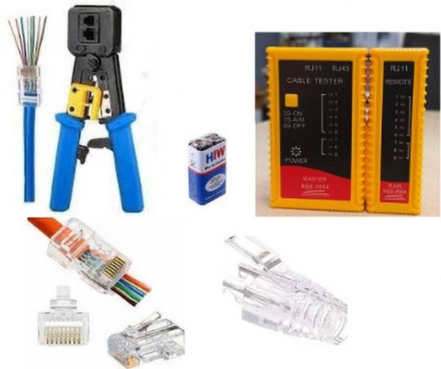 EXPERTRONICS Pro Passthrough Crimper Kit with Heavy Lan Tester (9V Battery), 25 Passthrough Connectors, 25 Transparent Boot Caps – Cordless Crimping Solution